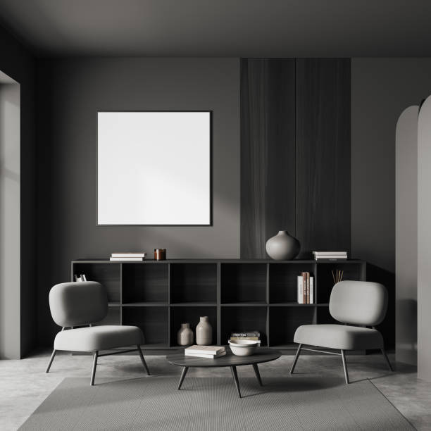 istock Relaxing interior with chairs and shelf with decoration, mockup frame 1432539843