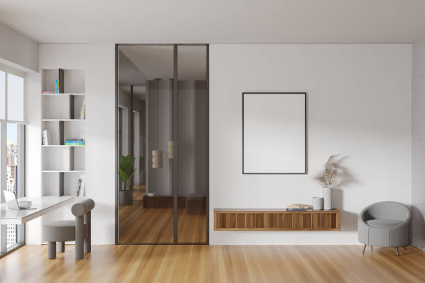 istock Light living room interior with work zone and chill area. Mockup frame 1432540212