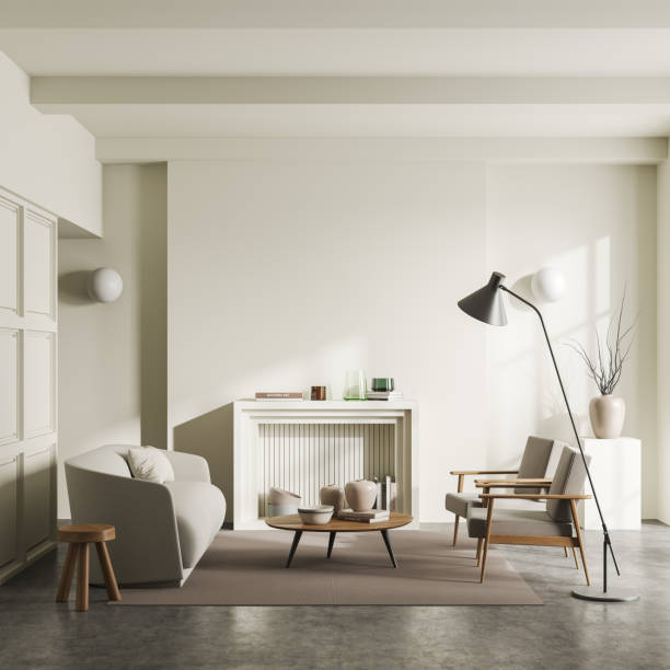 istock Modern chill interior with couch and armchair, fireplace. Mockup empty wall 1432540627