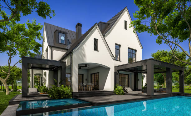 istock 3d rendering of white and black modern Tudor house 1432540674