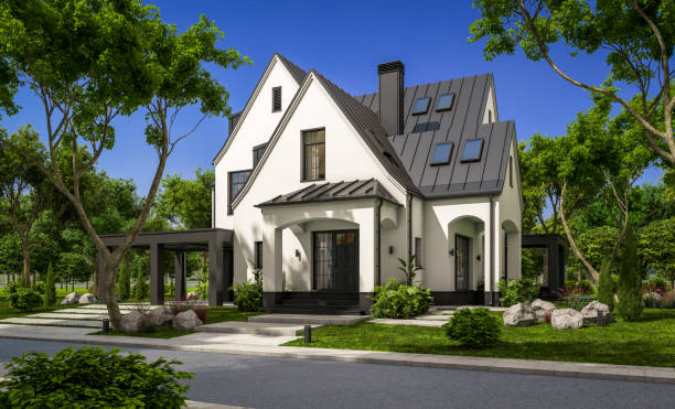 istock 3d rendering of white and black modern Tudor house 1432540685