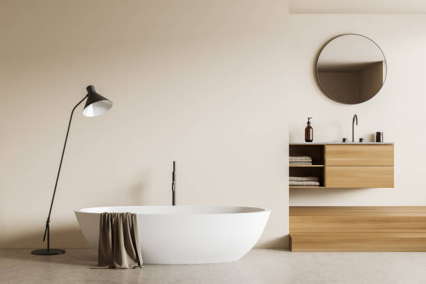 istock Light bathroom interior with bathtub and sink. Mockup empty wall 1432540798
