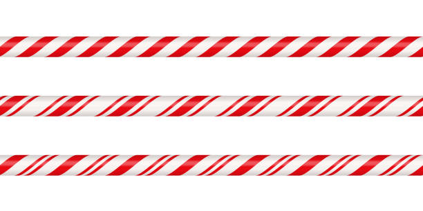 Christmas candy cane straight line border with red and white striped. Xmas seamless line with striped candy lollipop pattern. Christmas element. Vector illustration isolated on white background.