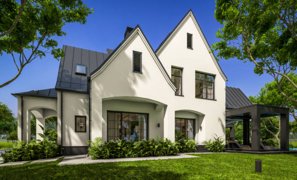 istock 3d rendering of white and black modern Tudor house 1432540847