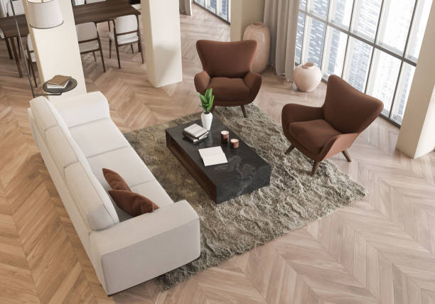 istock Top view of living room interior with chill and dining zone, panoramic window 1432540930