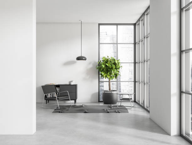 istock Side view on dark living room interior with panoramic window 1432540988