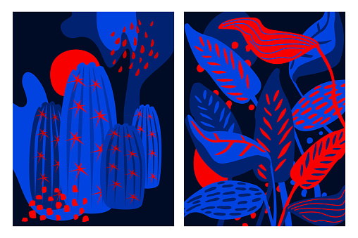 abstract modern botanical art prints set with cacti and tropical foliage in bold bright blue and red colors, vector illustration graphic background