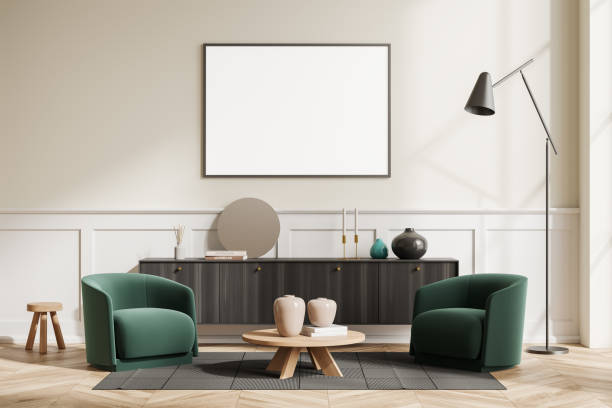 istock Light relaxing room interior with armchairs and drawer, mockup frame 1432541095