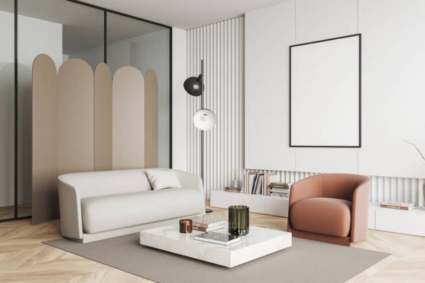 istock Light chill room interior with seats and decoration, mockup frame 1432541200
