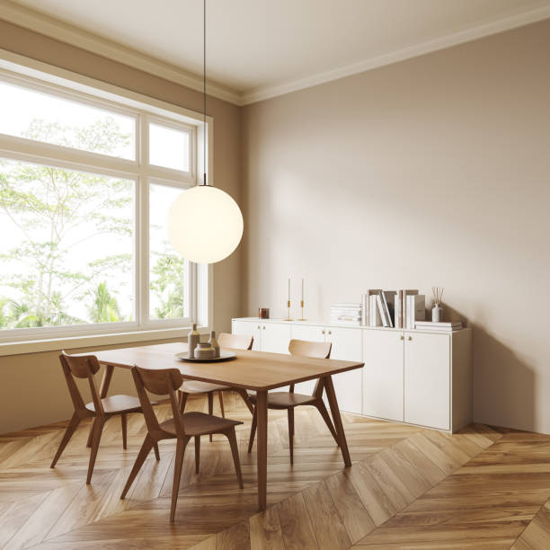 istock Light meeting room interior with table and chairs, drawer and window. Copy space 1432541685