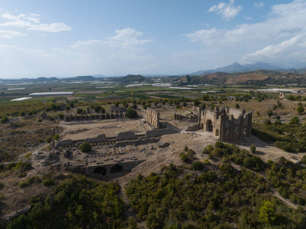 aspendos antique theatre drone photo, serik antalya, turquía - serik fotografías e imágenes de stock