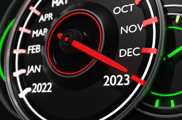 istock Year 2023 on a Modern Car Speedometer Countdown Concept 1432543198