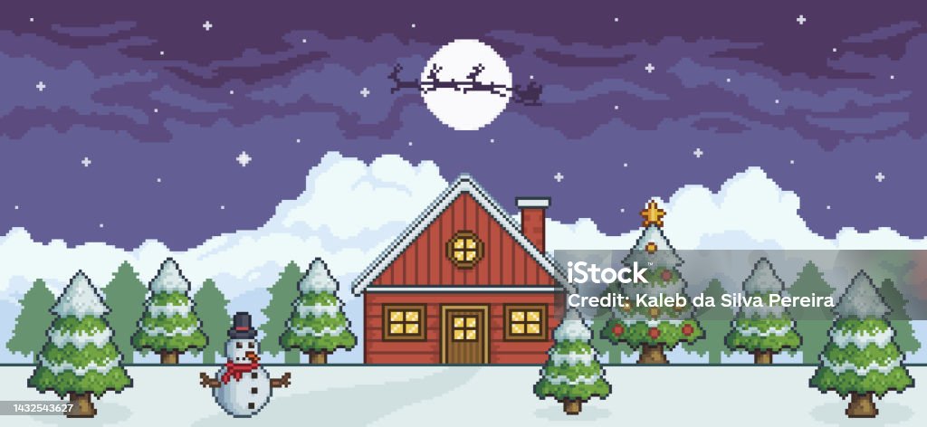 Pixel Nghệ Thuật Phong Cảnh Giáng Sinh Vào Ban Đêm Với Ngôi Nhà Màu Đỏ Cây Giáng  Sinh Người Tuyết Ông Già Noel Cây Thông 8 Bit Trò Chơi Nền Hình minh