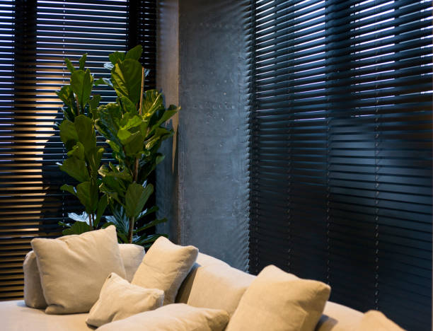 istock Wood blinds black colour motorized in the interior 1432543689