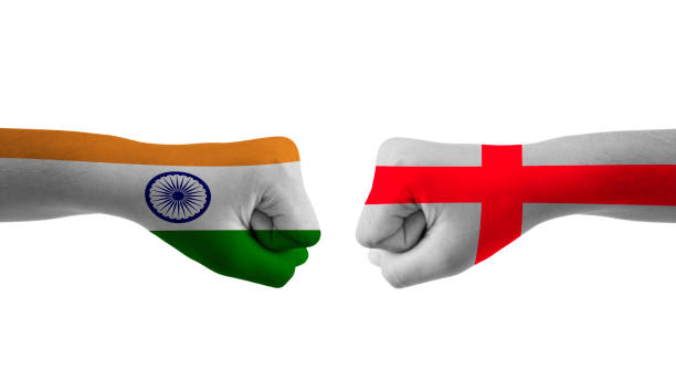 istock india vs England hand flag Man hands patterned with the india vs England flag 1432546226