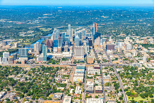 Aerial view of the downtown district and surrounding areas of Austin, Texas from about 2000 feet in altitude during a helicopter photo flight.