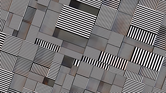 3d rendering of cubes in a row with striped lines. Abstract black white background.