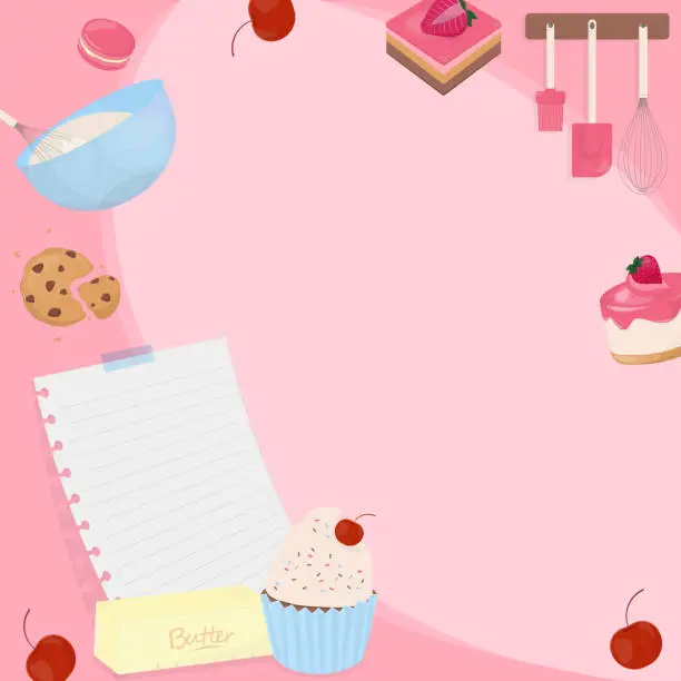 Vector illustration of Note paper with bakery and utensils on pink background