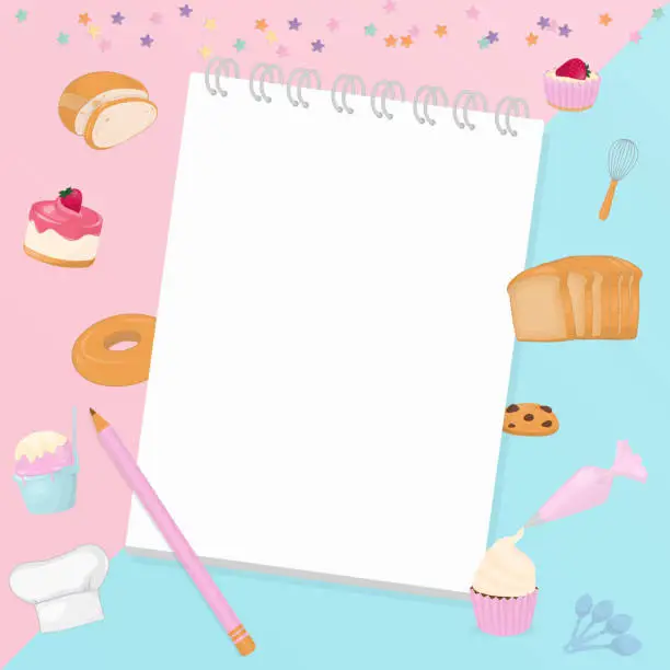 Vector illustration of Note paper with bakery on pastel background