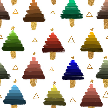 Hand Drawn Watercolor Christmas/Holiday Trees Seamless Pattern. Forest background. Childish texture for fabric, textile.