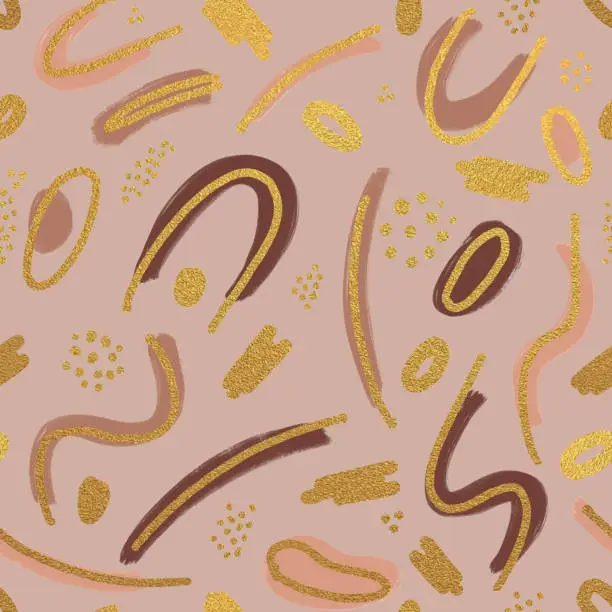 Vector illustration of Abstract Trendy Hand Drawn Seamless Pattern with Nude Colored and Gold  Brush Strokes. Design Element for Marketing, Advertising and Presentation.