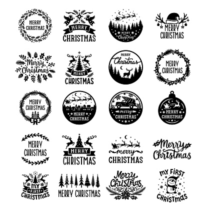 Merry Christmas quotes vector set. For a postcard, banner, window, wall ornament, paper cutting, laser cut, printing on T-shirts, pillows. Holidays text. Isolated on white background.