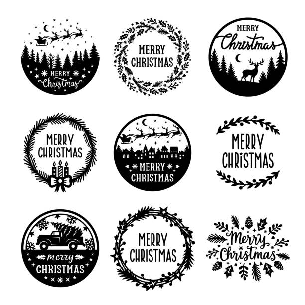 Merry Christmas round sign. Quotes vector collection. For a postcard, banner, window. Merry Christmas round sign. Quotes vector collection. For a postcard, banner, window, wall ornament, paper cutting, laser cut, printing on T-shirts, pillows. Holidays text. Isolated on white background. bundle illustrations stock illustrations