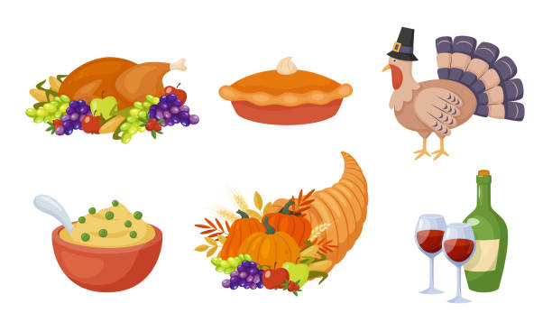 ilustraciones, imágenes clip art, dibujos animados e iconos de stock de conjunto de elementos coloridos para el diseño del día de acción de gracias. cena tradicional de acción de gracias - thanksgiving fruit cornucopia vegetable