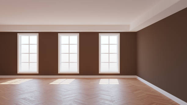 istock Empty Interior of the Brown Room with a White Ceiling and Cornice, Glossy Parquet 1432553418