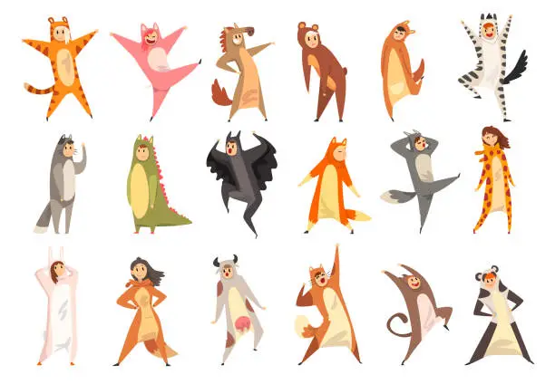 Vector illustration of People Characters Dressed in Animal Costumes and Onesie Having Fun Vector Set