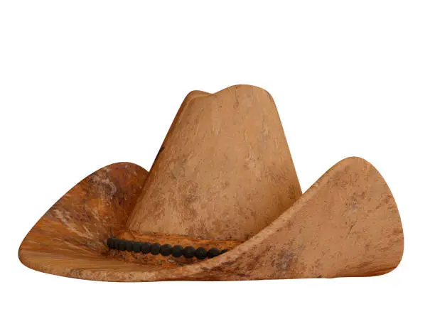 Photo of Western brown cowboy hat isolated on isolated background. Texas traditional attribute clothes. Leather hat for equestrian sport. 3d rendering illustration.