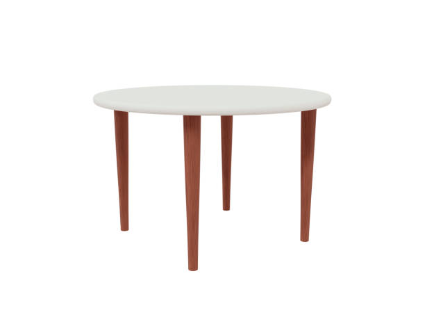 istock 3d rounded wooden table with milk table top on isolated background. Modern elegant table for kitchen interior. Dark wood texture with old natural pattern. 3D render illustration. 1432556121