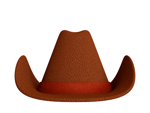 Western brown cowboy hat isolated on white background. Texas traditional attribute clothes. Leather hat for equestrian sport. 3d rendering illustration.