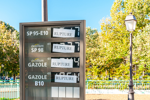 Fuel station out of stock, shortage of fuel : all fuels are unavailable. Paris in France. October 9, 2022.