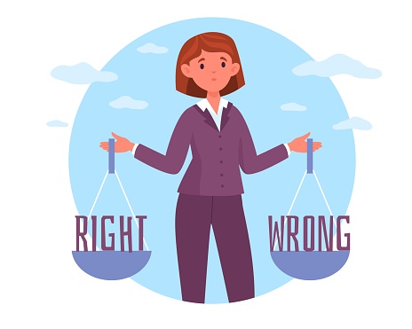 Decision making process, right or wrong choice between two options, honesty and moral principle. Woman hold scales, solving problem, positive and negative, truth and lies, vector cartoon flat concept