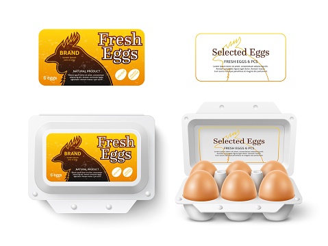 Hen eggs package design mockup. Box with stickers, farm fresh chicken product, natural diet breakfast, rural manufacture, open and closed box with label. Healthy food utter vector concept