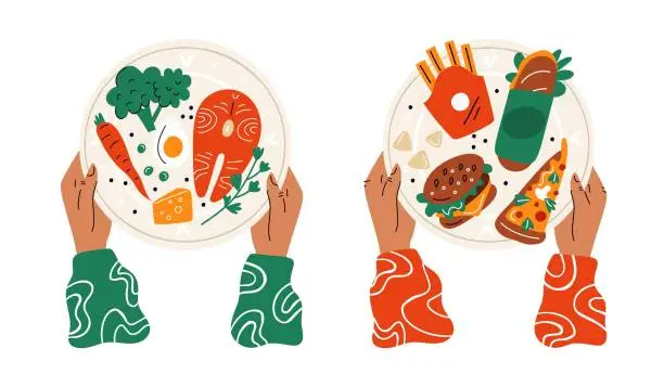 Vector illustration of Food choice. Cartoon hands hold plates with healthy and junk meal. Organic products vs burgers and pizza. French fries. Fish and vegetables. Nutrition decision. Garish vector concept