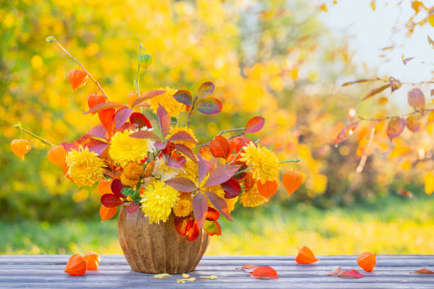 schöner herbstlicher blumenstrauß auf holztisch im garten - bouquet flower autumn vase stock-fotos und bilder