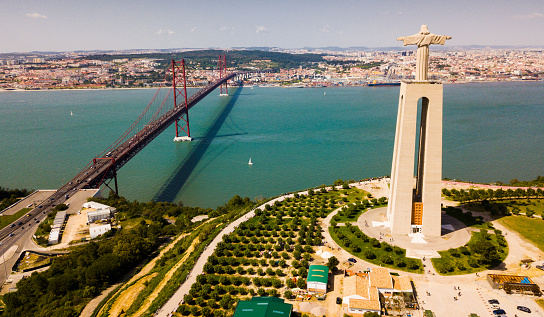 Aerial panorama view over the 25 de Abril Bridge and Statue of Jesus, Portugal