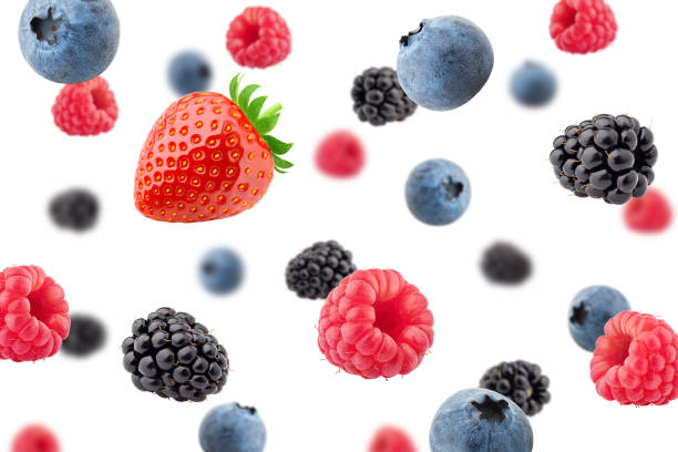 istock Falling wild berries mix, strawberry, raspberry, blueberry, blackberry, isolated on white background, clipping path, full depth of field 1432560449
