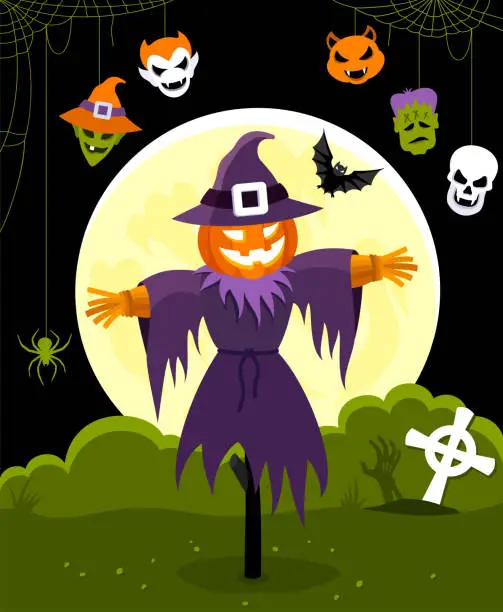 Vector illustration of Halloween Pumpkin Scarecrow.