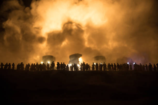 istock Creative artwork decoration war on Ukraine. Crowd looking on giant explosion and attacking soldiers. 1432560918
