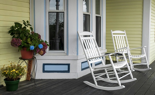 These rocking chairs were taken on a front porch of a home located in Boothbay Harbor, Maine