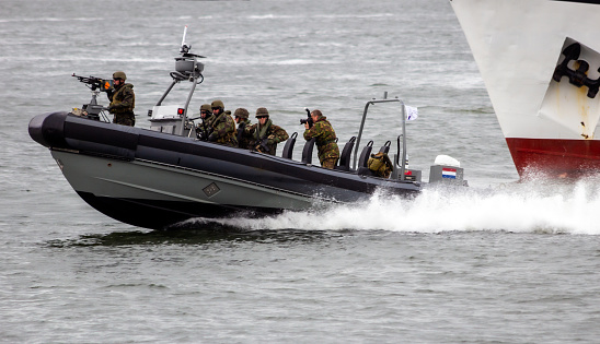 Fast speedboat with Dutch Marines during an assault demo in Den Helder, Netherlands . June 23, 2013.