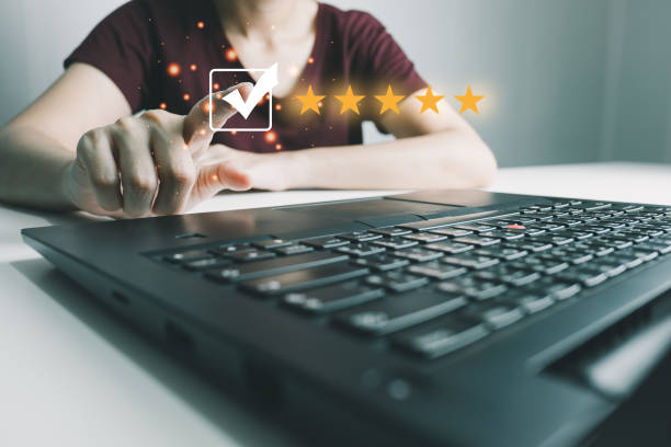 istock Customer satisfaction assessment rating 5 stars by notebook, User has received excellent service, Review the highest rated service, the best attention, impressed very good service, feedback from guest 1432565829