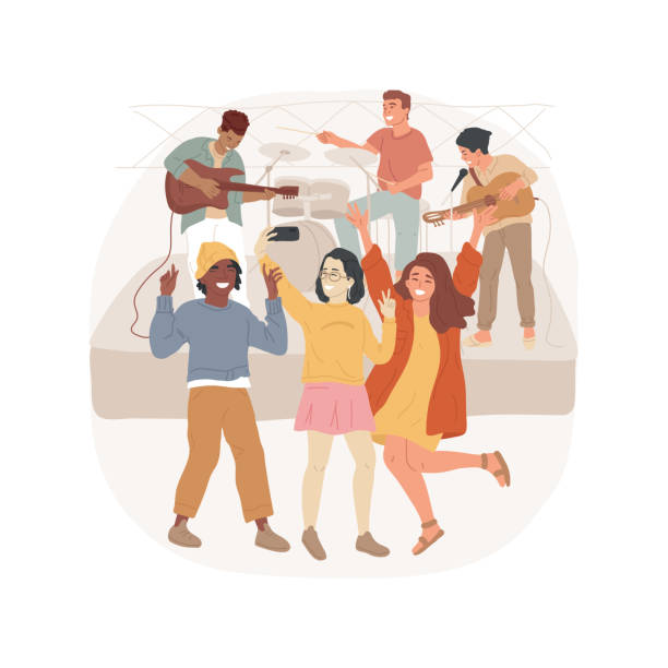 Concert isolated cartoon vector illustration. Concert isolated cartoon vector illustration. Diverse teens at concert, leisure time, band playing live on stage, teenagers nightlife, friends happy together, music fans, event vector cartoon. concert crowd stock illustrations