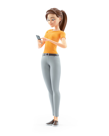 3d woman looking smartphone, illustration isolated on white background