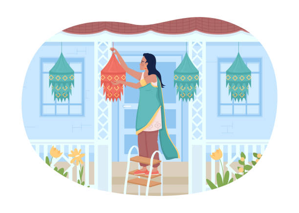 Decorating front porch for Diwali festival 2D vector isolated illustration Decorating front porch for Diwali festival 2D vector isolated illustration. Woman hanging paper lantern flat character on cartoon background. Colourful editable scene for mobile, website, presentation diwali home stock illustrations