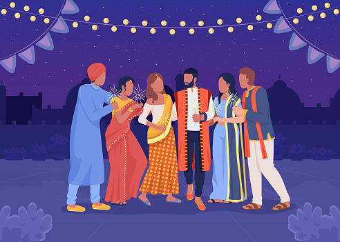 Happy friends at Diwali party flat color vector illustration. Celebration traditional indian holiday. Fully editable 2D simple cartoon characters with night courtyard on background
