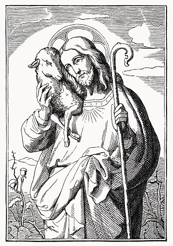 Jesus Christ - The Good Shepherd (John 10, 11; Luke 15, 4 - 7). Wood engraving, published in 1894.